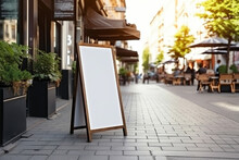 Blank Restaurant Shop Sign Or Menu Boards Near The Entrance To Restaurant. Cafe Menu On The Street. Blackboard Sign Mockup In Front Of A Restaurant. Signboard, Freestanding A-frame Blackboard
