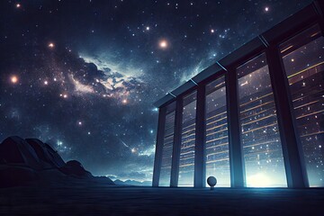 Canvas Print - futuristic library data center, with view of the stars and distant galaxies, created with generative ai