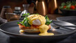 Delicious Fresh Eggs Benedict Breakast Plate on Table - Generative AI.