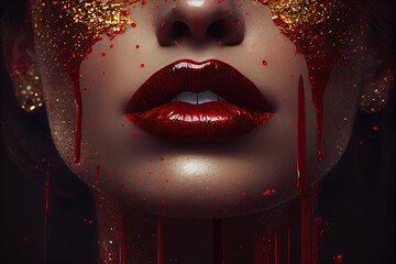 Deep Red Color Lips Splashes Red and Gold Color Glossy Colored Lips Generative AI