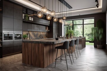 Beautiful kitchen in luxury modern contemporary home interior with island and chairs, Generative AI