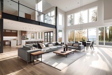 Beautiful living room interior in new luxury home with open concept floor plan. Shows kitchen, dining room, and wall of windows with amazing exterior, Generative AI