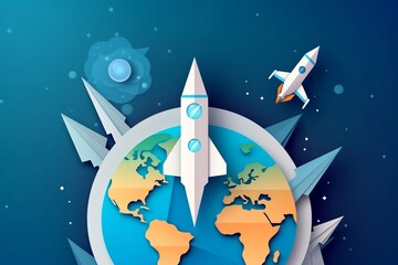 Rockets launch with communication and security icon on the world map, flat design vector illustration. generative AI 