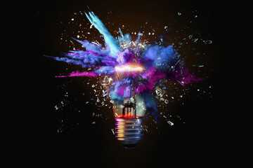 Wall Mural - Creative colored light bulb explosion with shards and paint, a creative idea. Think different, concept. Business, ideas and the discovery of new technology