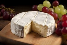 Round Brie Cheese With Notch Close-up, Yellow Camembert On Wooden Board With Green Grapes. Italian Food. Dairy Product. Still Life With Deep Shadows, Rustic Style. Image Is AI Generated.
