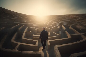 businessman walking in labyrinth cement wall to success way and finding solution, how to success and pass obstacles in business concept. generative AI 