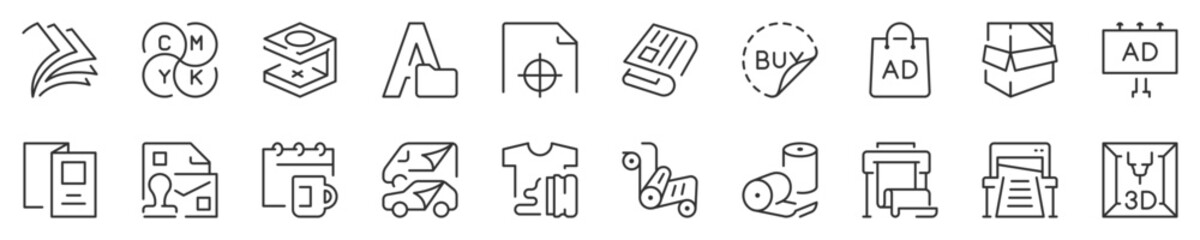 Printing industry. Symbol collection in transparent background. Editable vector stroke. 512x512 Pixel Perfect.