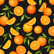Seamless pattern with orange fruit and green leaves on a black background. Vector illustration