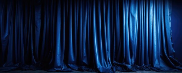 Closed theater curtain opening slowly, royal blue