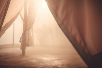 Wall Mural -  a bed with a canopy and curtains in a room with a light coming through the window and fog covering the bed and the curtains on the floor.  generative ai