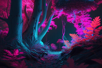 Wall Mural - Night abstract glowing forest background. AI	