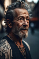 Wall Mural - stylish elderly bearded retired man in tattoos on street. Generative AI