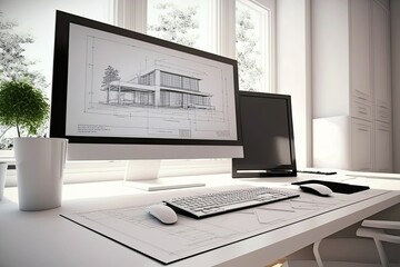Architect office project concept. Computer screen on white work desk showing house blueprints in CAD program. Generative AI