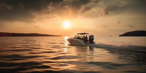 Wall Mural - Motorboat yacht sunset on sea