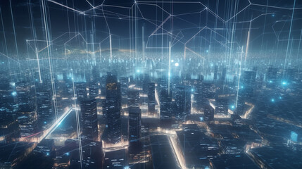 Abstract 3D rendering of digital city with wireframe mesh. Futuristic city concept  blockchain web 3.0 concept   ai generated artwork