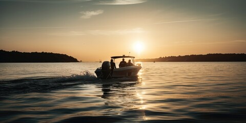 Wall Mural - Motorboat sunset on sea panorama