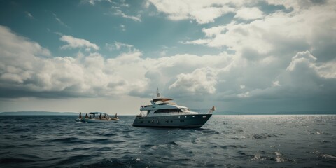 Wall Mural - Motorboat yacht cloudy day on sea