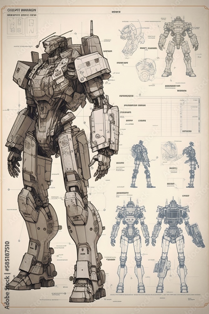 Futuristic mechanical soldier sketch, drawing, blueprint, concept art ...