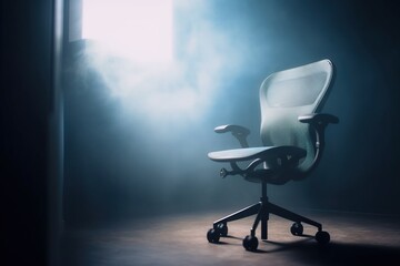  a white office chair sitting in a dark room with a light coming through the window and a light coming through the window behind it,.  generative ai