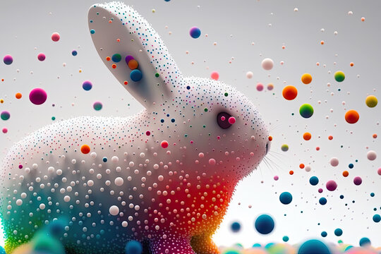 fantasy abstarct design amazing 3d Easter bunny and ornated painted rainbow colourd egg on white background. Happy Easter magical,generative ai.