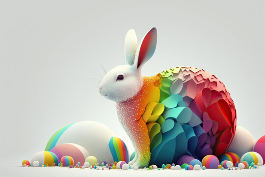 fantasy abstarct design amazing 3d Easter bunny and ornated painted rainbow colourd egg on white background. Happy Easter magical,generative ai.