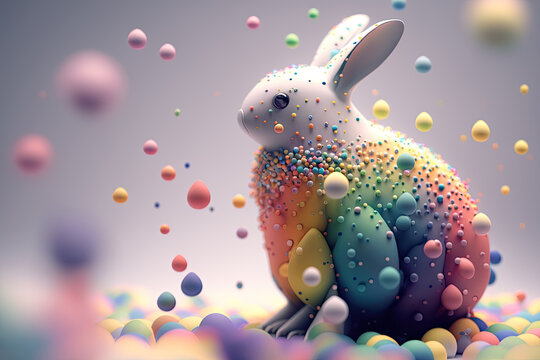 fantasy abstarct design amazing 3d Easter bunny and ornated painted rainbow colourd egg on white background. Happy Easter magical,generative ai.