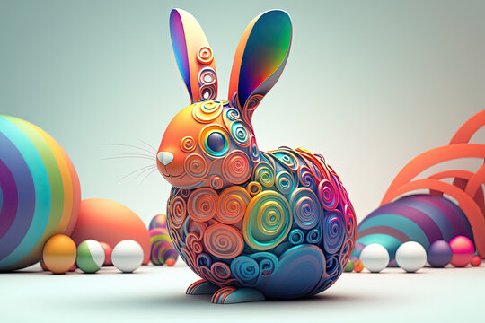 fantasy abstarct design amazing 3d Easter bunny and ornated painted rainbow colourd egg on white background. Happy Easter magical,generative ai.