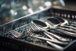  a metal tray filled with silverware on top of a table next to a bottle of water and a knife and fork set on top of silverware.  generative ai