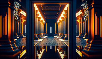 Poster - Hallway with columns and tiled floor. Generative AI.