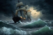 Old Sail Ship Braving The Waves Of A Wild Stormy Sea At Night. Generative AI.