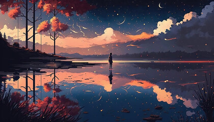 Wall Mural - a beautiful sky with a lot of stars at a lake, standing alone, generative ai technology