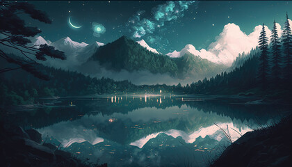 Wall Mural - a beautiful landscape at a lake in night, impressive mountains in background, generative ai technology