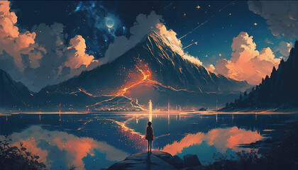 Wall Mural - a girl standing in front of a beautiful impressive mountain at a lake, fantasy anime style, generative ai technology