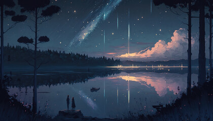 Wall Mural - a beautifl impressive anime landscape illustration at a lake in night with falling stars, generative ai technology
