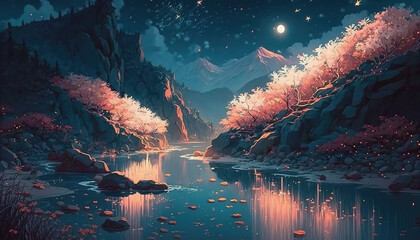 Wall Mural - a beautiful fairytale lake illustration, shining wonderful colors, generative ai technology