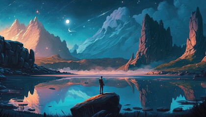 Wall Mural - a beautiful anime landscape about a man standing alone at an impressive lake, big mountains, generative ai technology