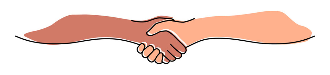 Handshake, agreement, introduction banner hand drawn with single line. Women or men shake hands. Png illustration isolated on transparent background