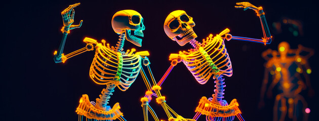 Wall Mural - Couple of skeletons dancing in the dark. Generative AI.