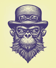 High Detail Decorated Monkey Head With Hat And Goggles. Woodcut Engraving Style Hand Drawn Vector Illustration On Dark Background. Optimized Vector. 