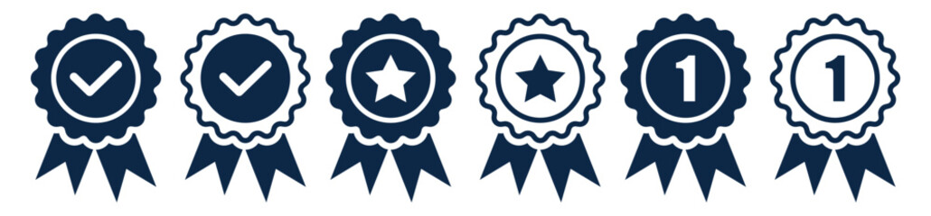quality approved certified award icon set. prize or medal badge icons. premium ribbon with check mar