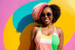 © soleg - Portrait of an african woman with colorful hair and sunglasses on abstract painted background, summer vibrancy. Generative AI.