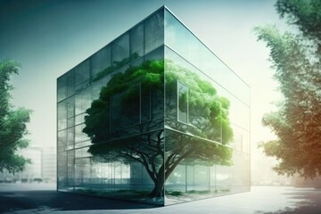 Wall Mural - Green office building in a modern metropolis. Glass building with green tree growing inside. Concept. Generative AI