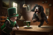 A Leprechaun Is Afraid That His Porcelain Cup Will Break Because His Dog Jumps Over The Table. Generative AI