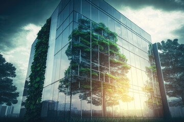 Wall Mural - Green office building in a modern metropolis. Glass building with green tree branches and leaves to reduce carbon dioxide. Concept. Generative AI