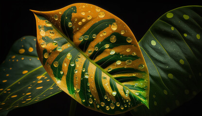 Poster - Fresh dew drops on green leaf veins generated by AI