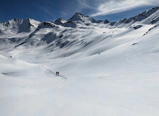 Beautiful Moutain Panorama.  ski tour through the wonderful mountain world in Davos. View of the Flüela Wisshorn and the Jöriseen. Ski mountaineering in winter wonderland. High quality photo