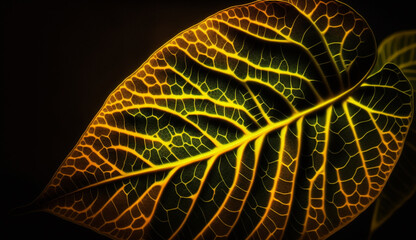 Wall Mural - Leaf veins illuminated glowing yellow against black backdrop generated by AI