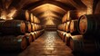 cellar with barrels for storage of wine. Created with Generative AI.
