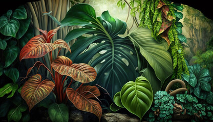 Poster - Green tree branch on tropical rainforest wallpaper generated by AI