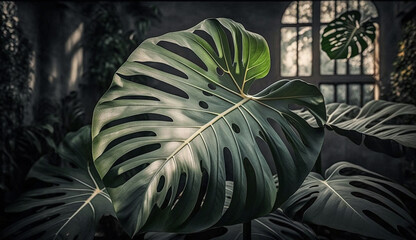 Poster - Green palm frond against tropical floral background generated by AI